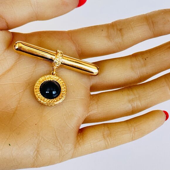Vintage Monet Bar Dangle Brooch Gold And Black Cabochon Medallion 2” Signed - Picture 7 of 9
